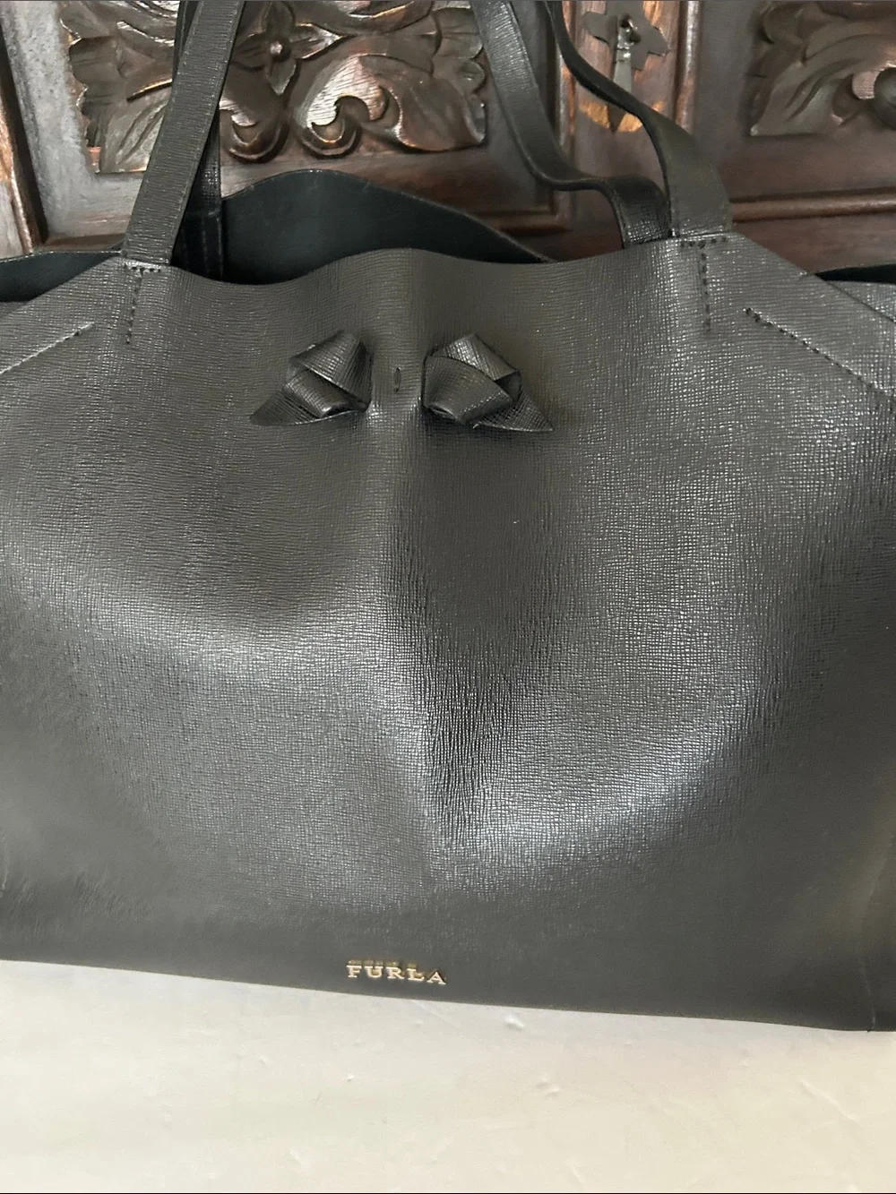 Furla Black Leather Tote with Subtle Logo